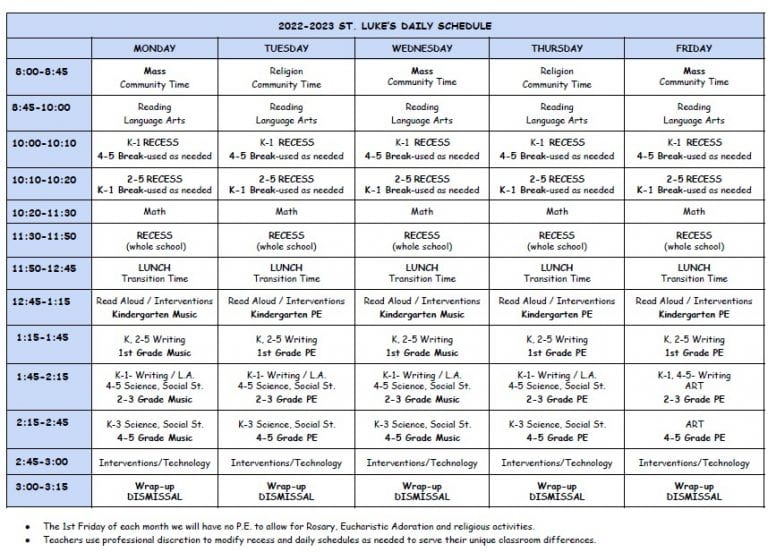 Schedule and Calendar – St. Luke's Catholic School